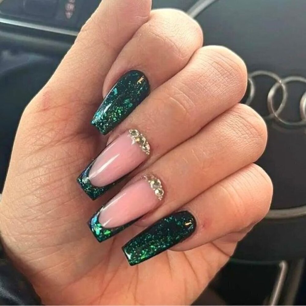 NWT 24Pcs Long Coffin Press-On Nails False Fake Rhinestone French Design Green